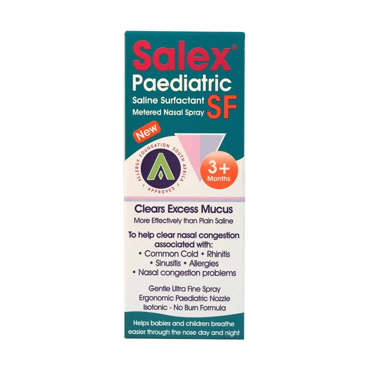 Front of Salex Paediatric SF Saline Surfactant Metered Nasal Spray 30 ml box, updated design