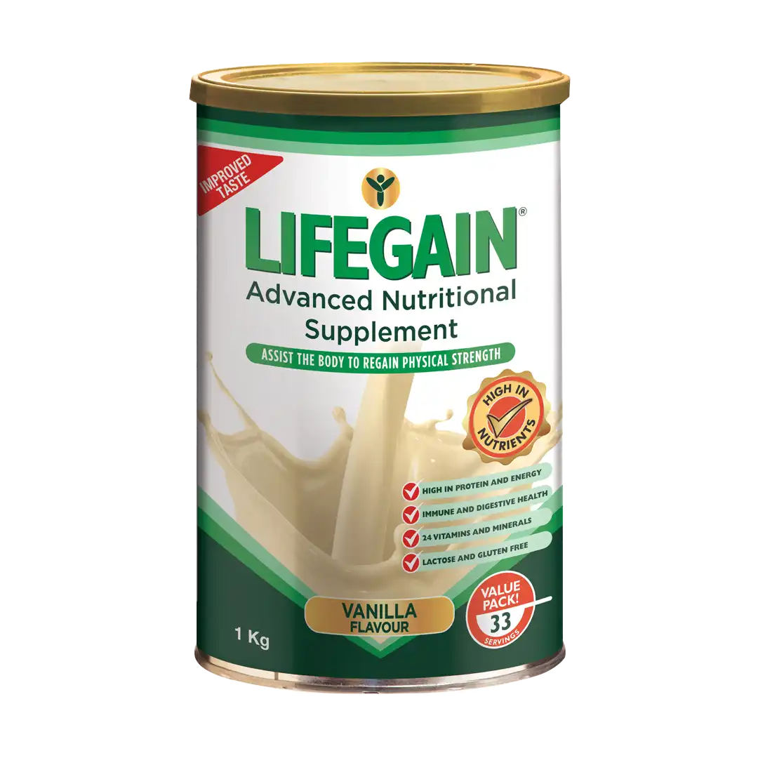 Front of Nativa Lifegain Advanced Nutritional Supplement Vanilla Flavour 1000 g tin
