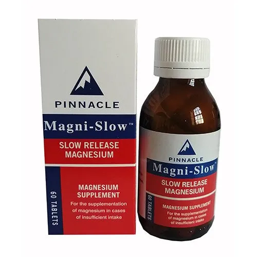Front of Pinnacle Magni-Slow Slow Release Magnesium Supplement box and bottle, 60 tablets