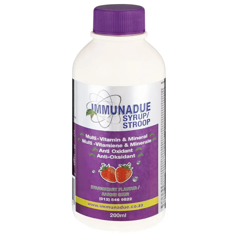Front of Immunadue Herbal Multi-Vitamin & Mineral Syrup Strawberry Flavour 200 ml bottle