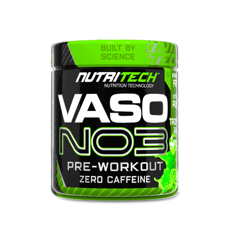 Front of Nutritech Vaso NO3 Zero Caffeine Pre-Workout tub, Tropical Rain flavour