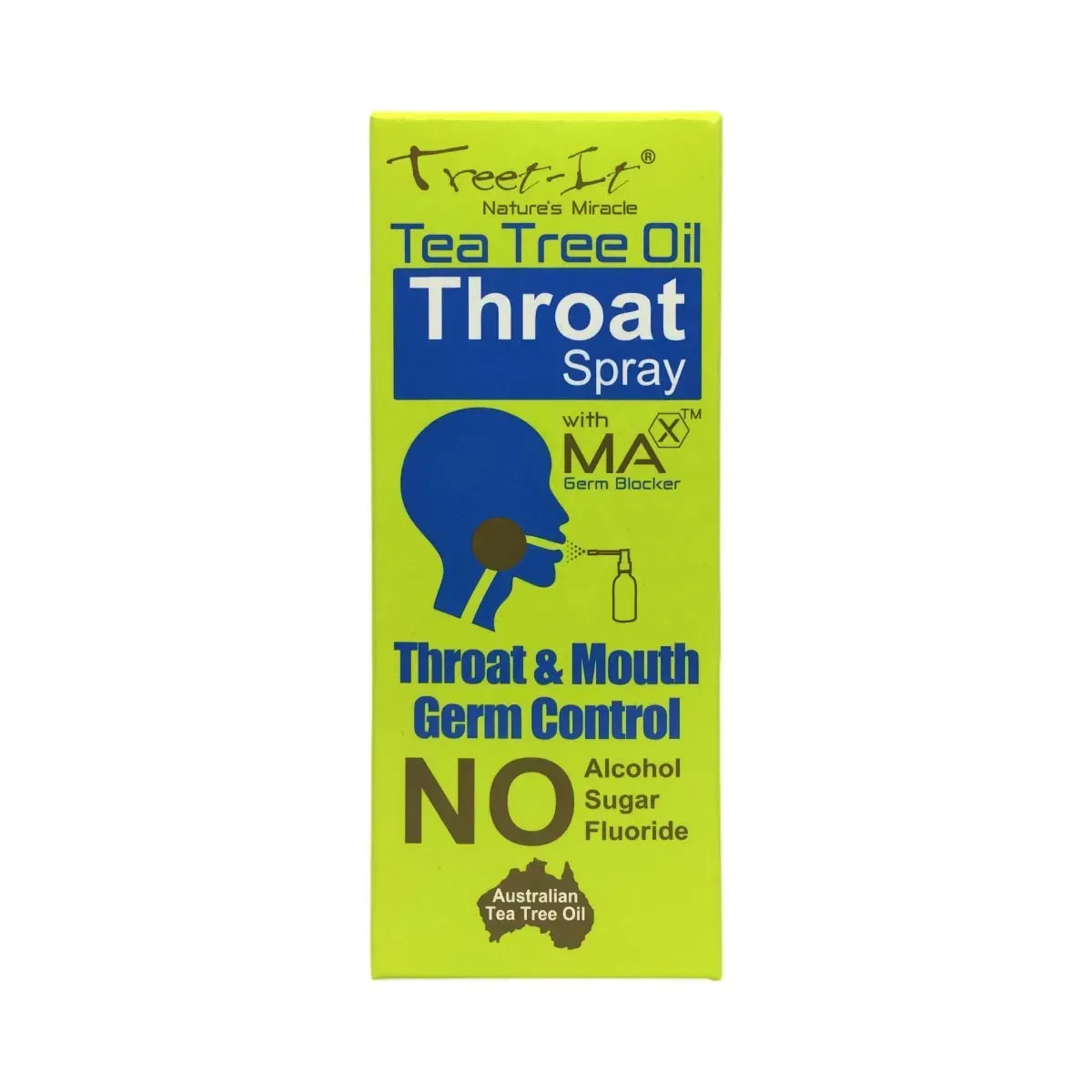 Front of Treet-It Tea Tree Oil Throat Spray 30 ml box on white background