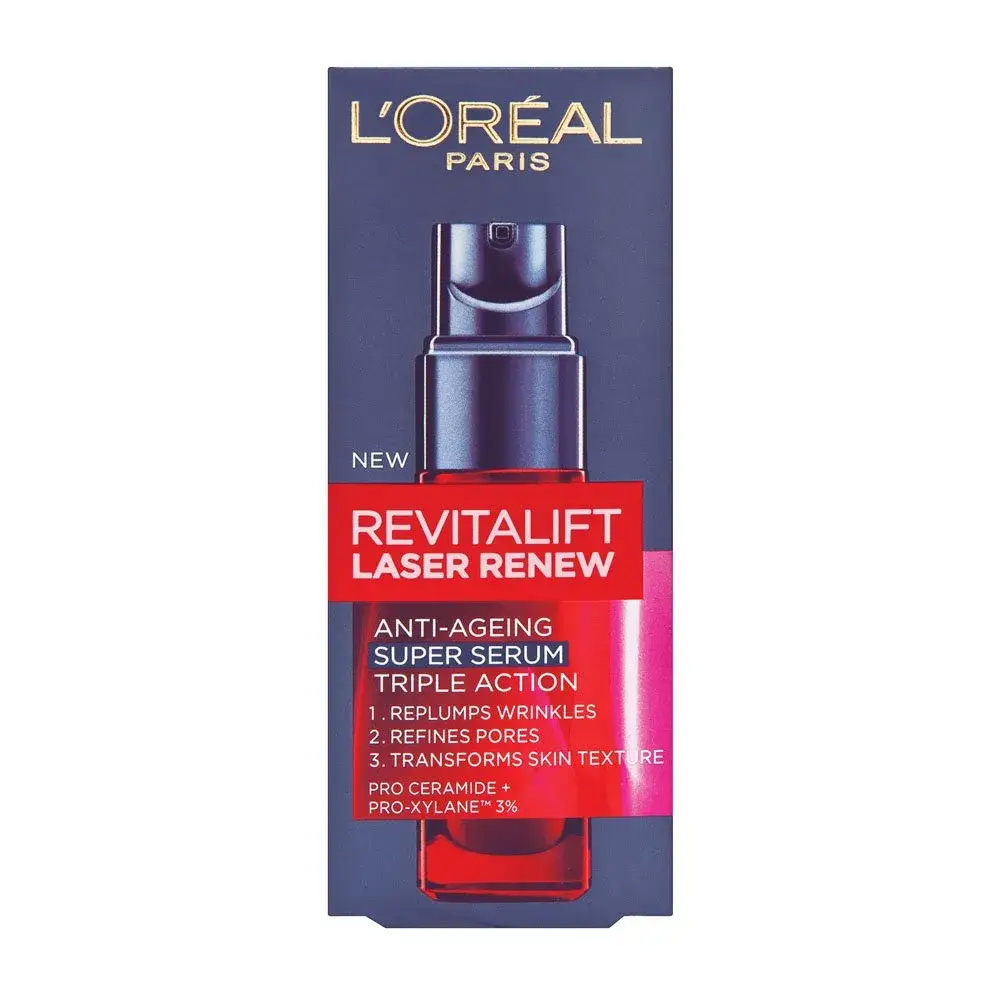 Front of L'Oréal Paris Revitalift Laser Renew Serum box, 30 ml, on white background
