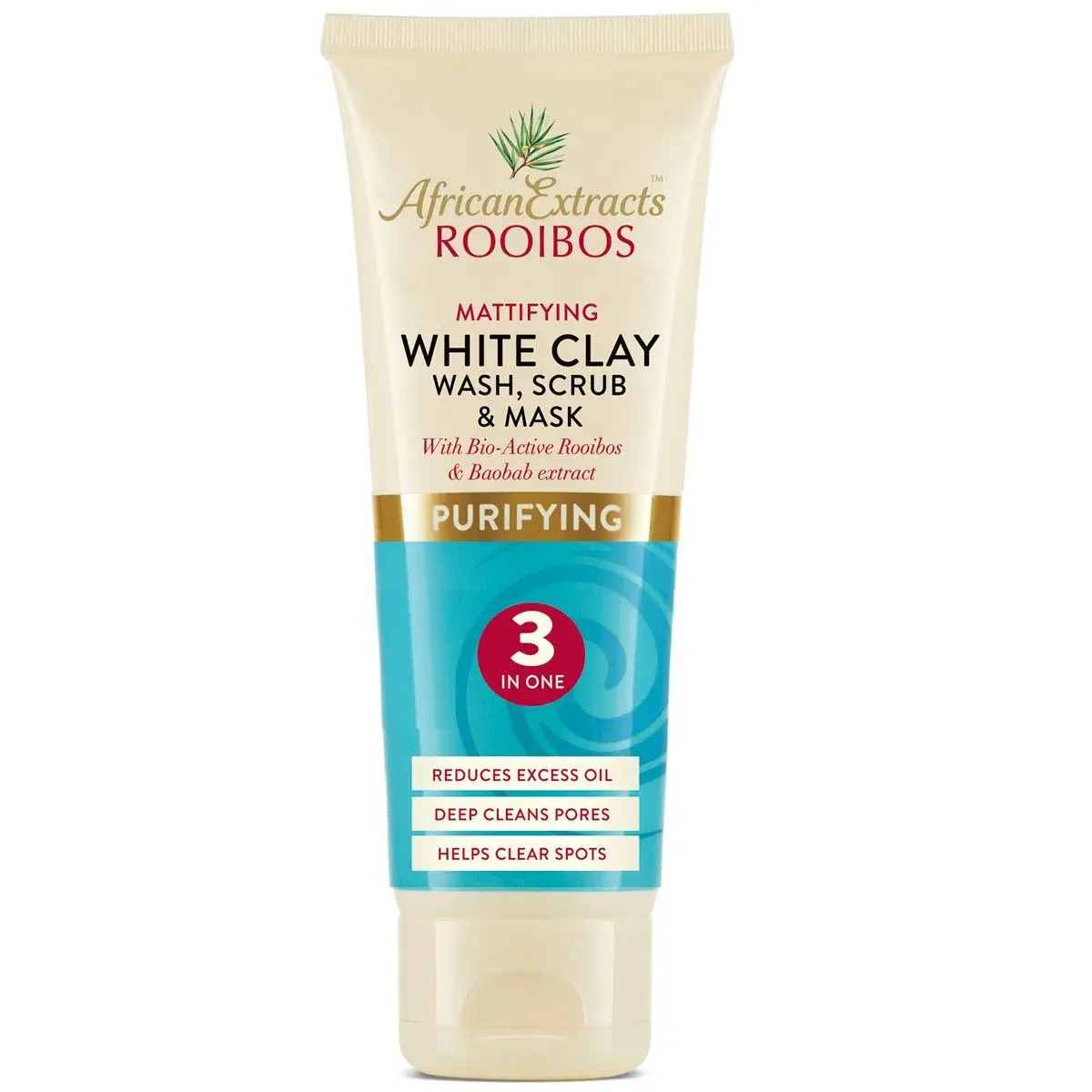 Front of Homemed African Extracts Rooibos White Clay 3 in 1 Wash Scrub & Mask 100ml tube