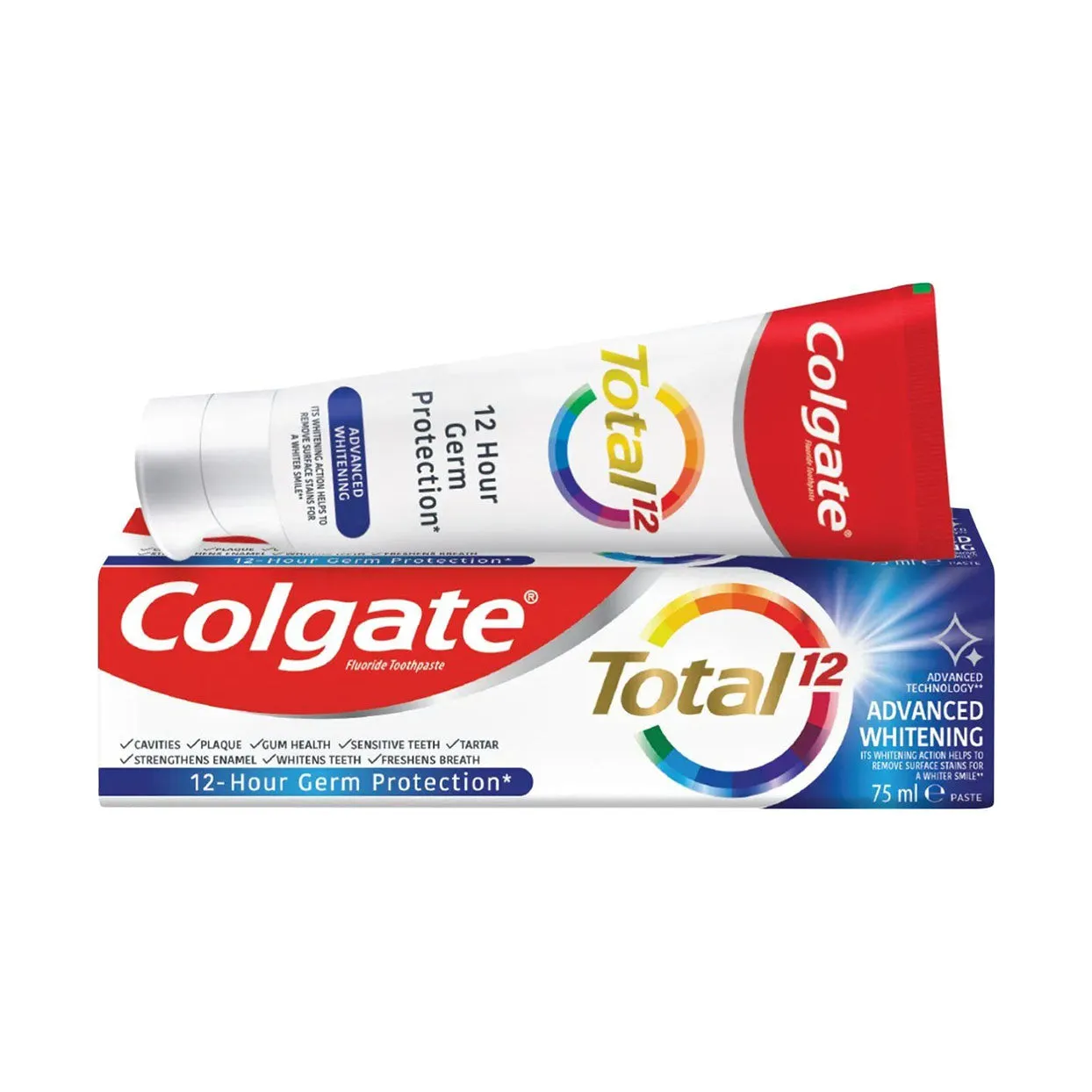 Front of Colgate Total 12 Advanced Whitening Toothpaste 75ml box and tube