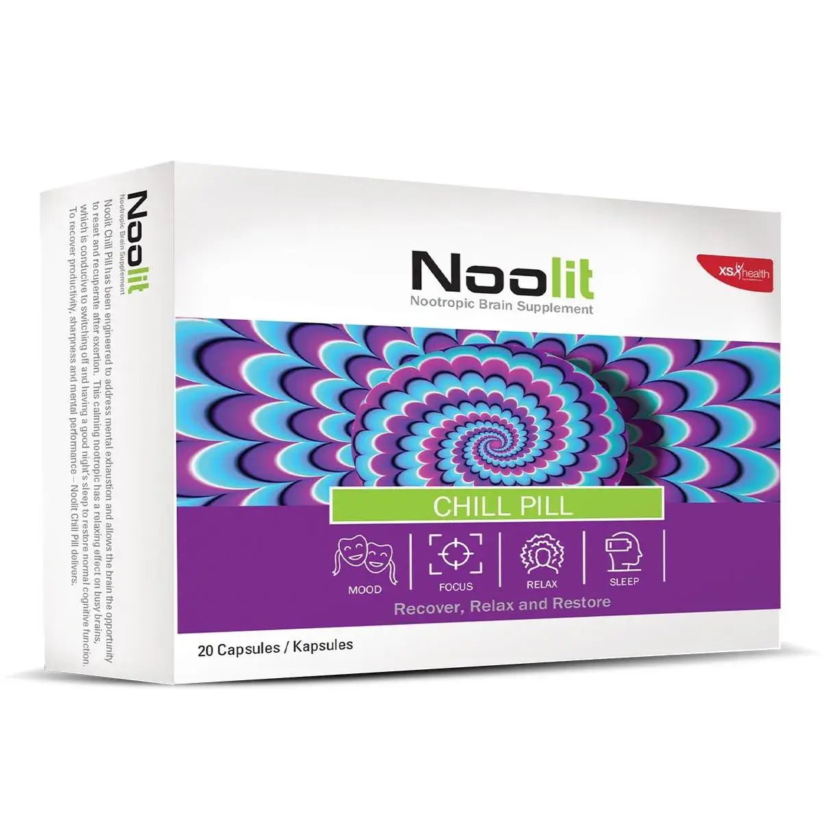 Angled front view of XS Health Noolit Chill Pill Nootropic Brain Supplement, 20 capsules box