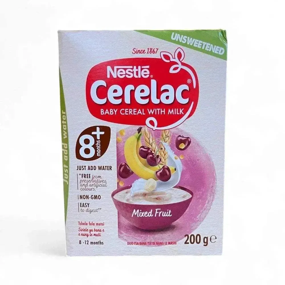 Front of Nestlé Cerelac Baby Cereal with Milk, Mixed Fruit flavour, 200g box