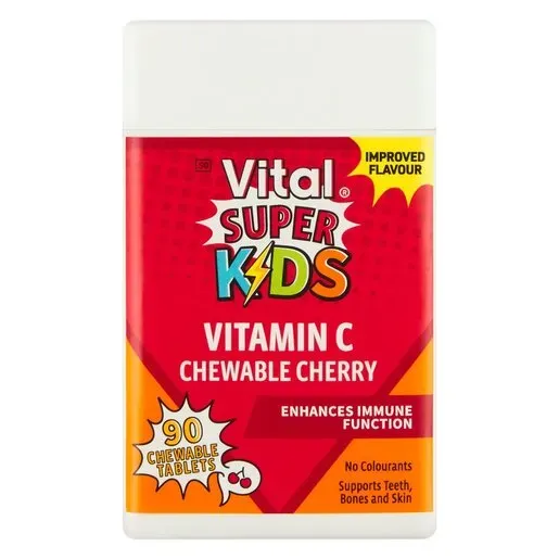 Front of Vital Super Kids Vitamin C Chewable Cherry 90 chewable tablets bottle