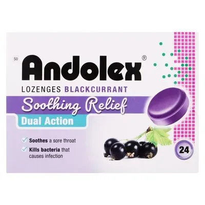 Front of Andolex-C Blackcurrant Soothing Relief Lozenges 24 pack box