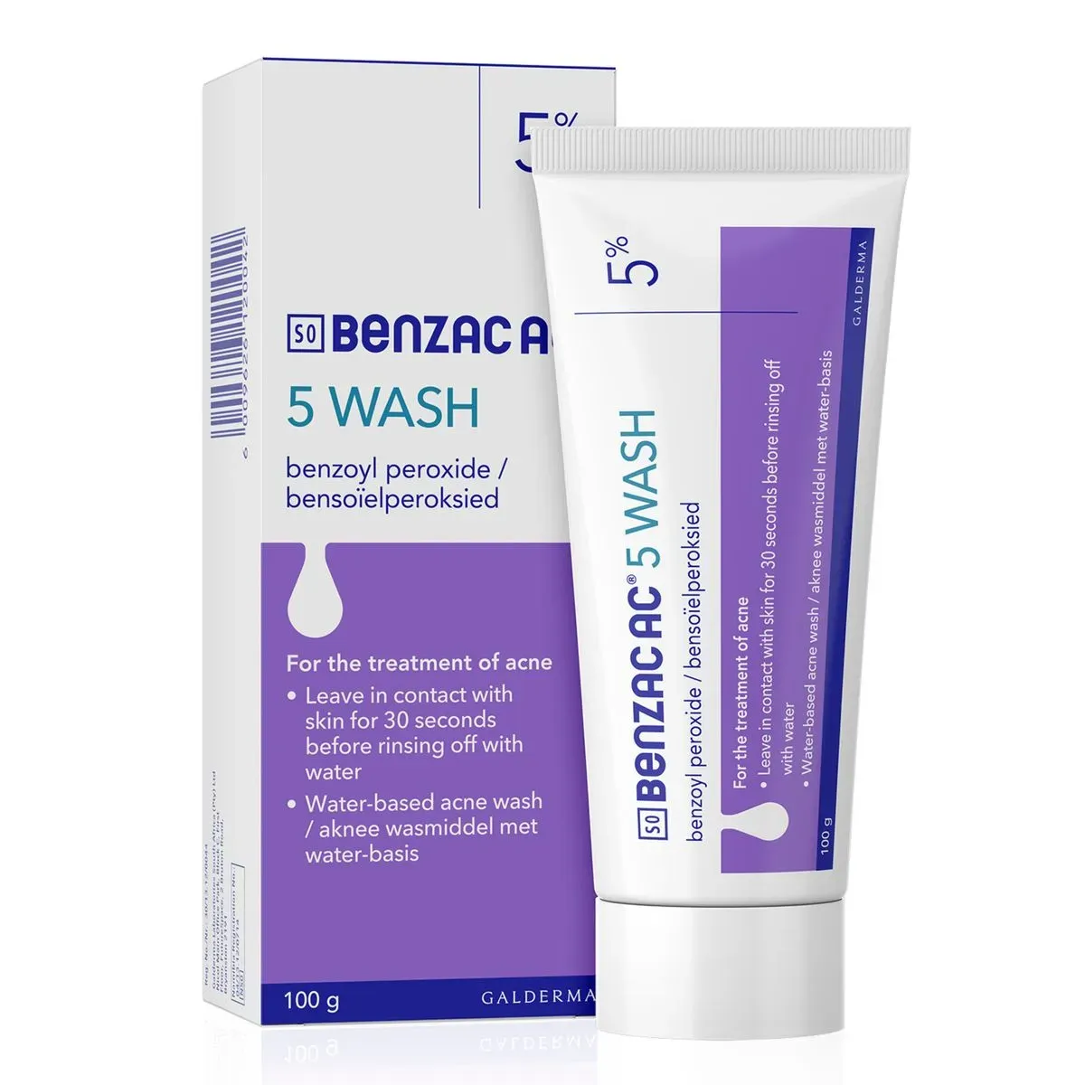 Benzac AC 5% Wash box and tube, 100 g, on white background