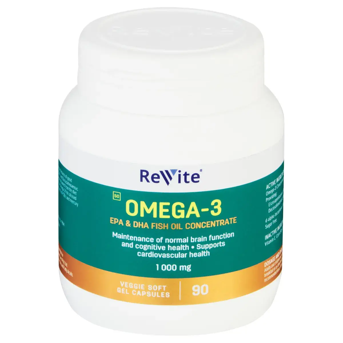 Front of Revite Omega-3 1000mg Fish Oil Concentrate 90 veggie soft gel capsules bottle