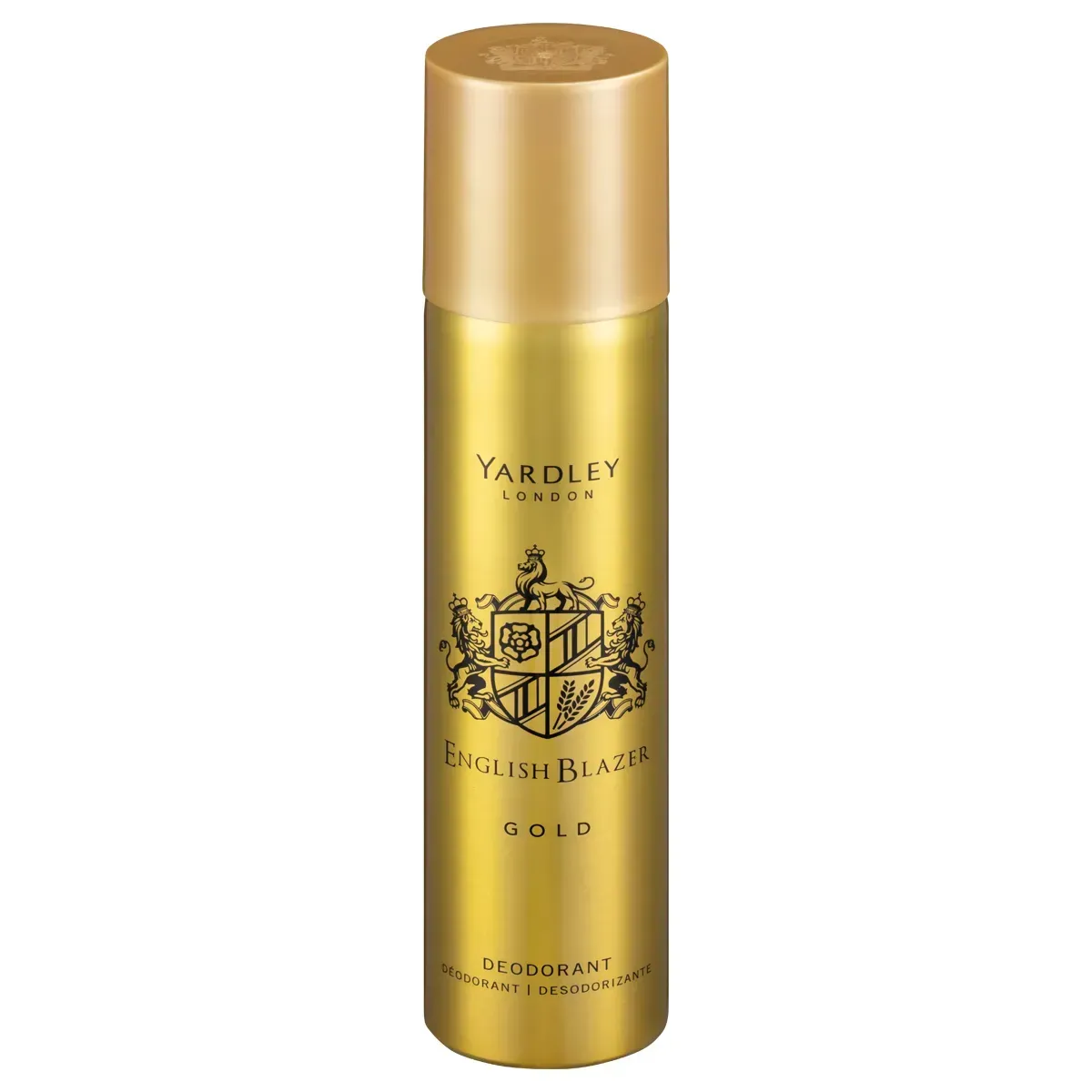 Front of Yardley English Blazer Gold Deodorant 250ml can on white background