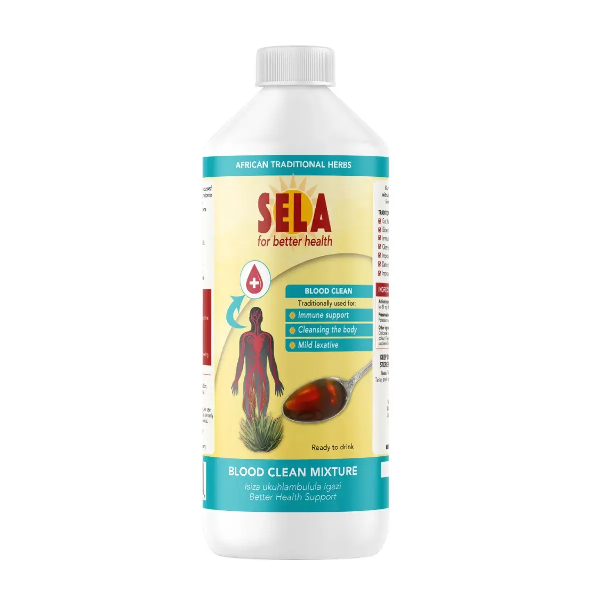 Angled studio shot of SELA Blood Clean Mixture 500ml bottle on white background