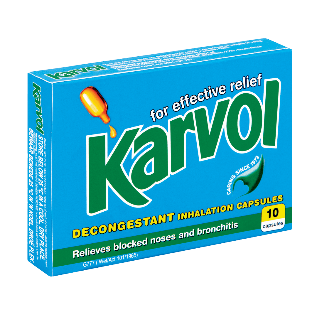 Angled studio shot of Karvol Decongestant Inhalation Capsules box, 10 capsules
