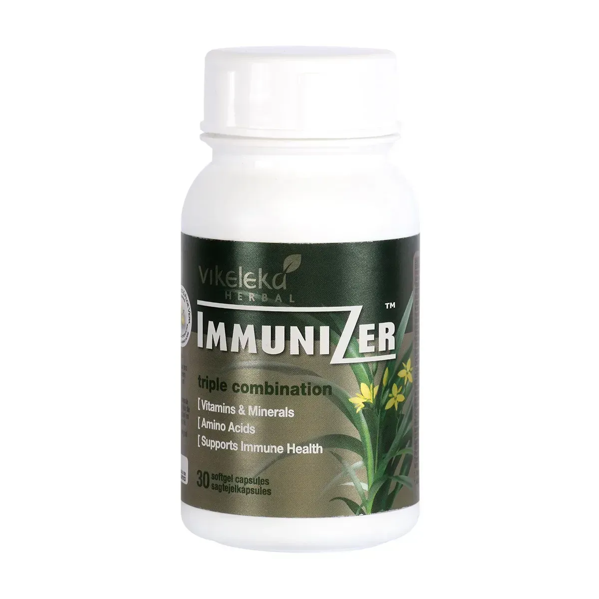 Angled view of Vikeleka Herbal Immunizer softgel capsules bottle, 30 capsules