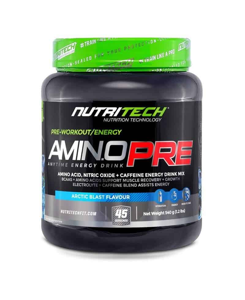 Front of Nutritech Amino Pre pre-workout energy drink mix tub, Arctic Blast flavour, 540 g