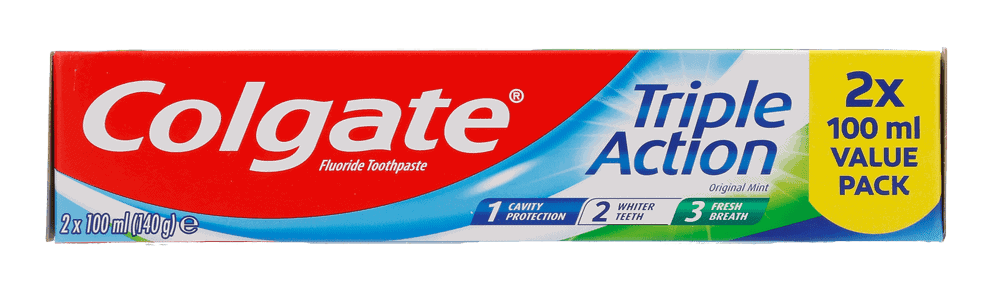 Front of Colgate Triple Action Original Mint toothpaste box, 2 x 100 ml value pack