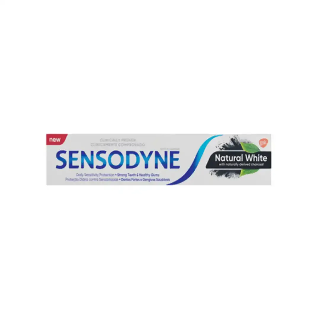 Front of Sensodyne Natural White (charcoal) Toothpaste carton, 75ml