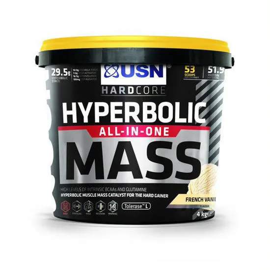 Front of USN Hyperbolic All-In-One Mass French Vanilla 4kg tub