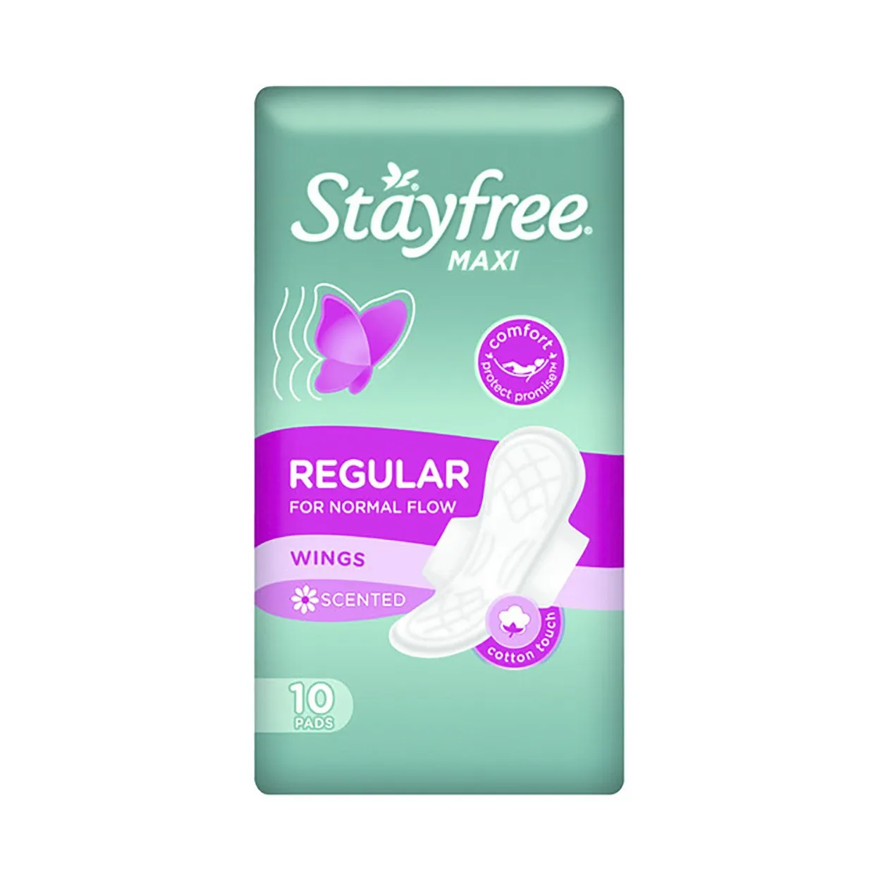 Front of Stayfree Maxi Regular Wings Scented Pads, 10 pack