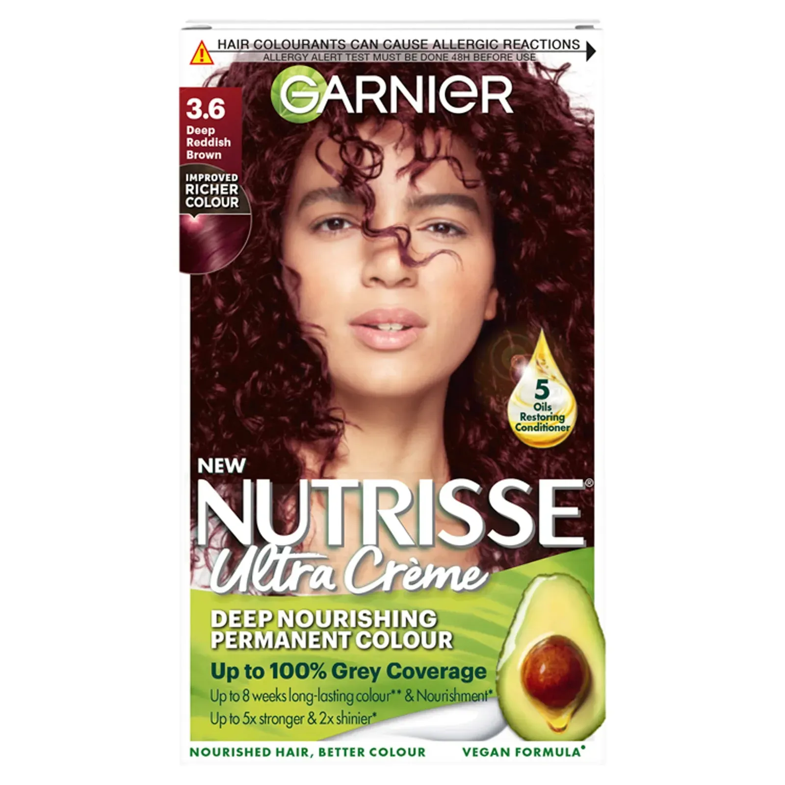 Front of Garnier Nutrisse Ultra Crème 3.6 Deep Reddish Brown permanent hair colour kit