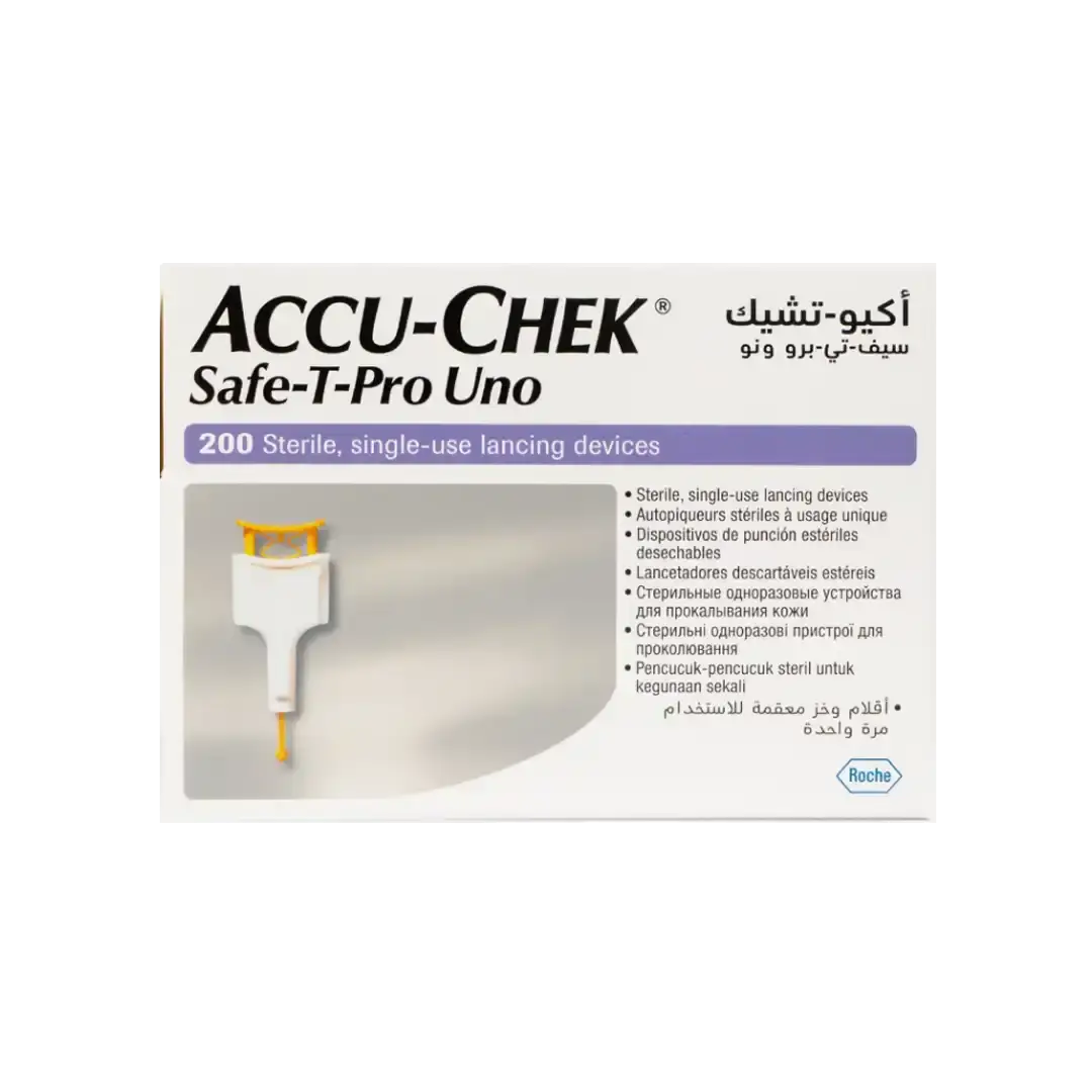 Front of Accu-Chek Safe-T-Pro Uno 200 sterile lancing devices box