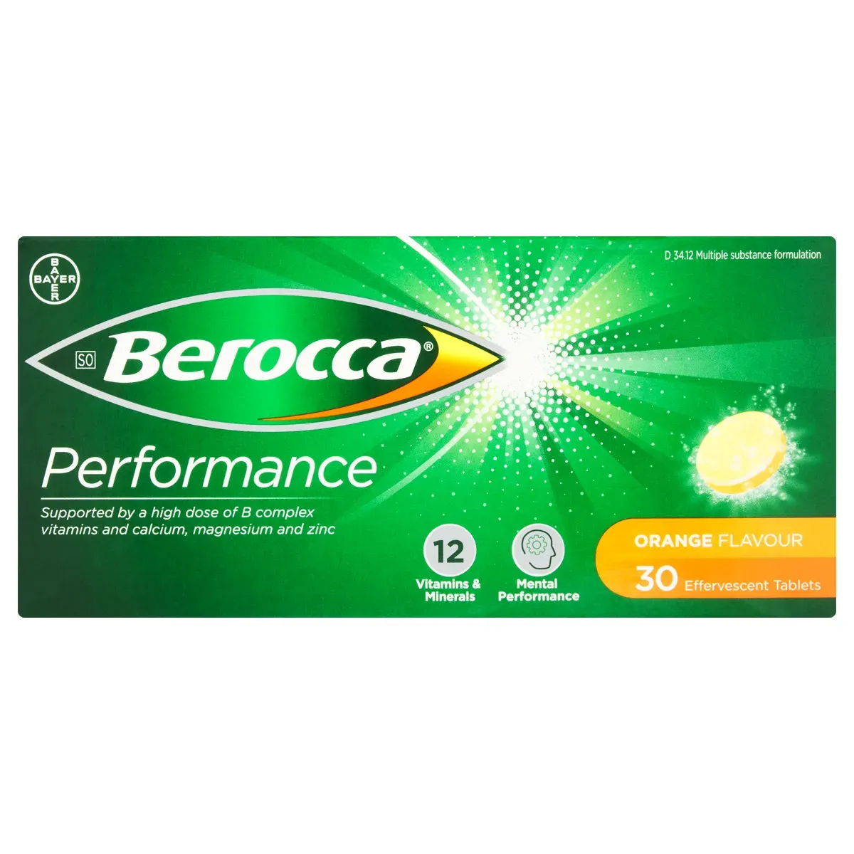 Front of Berocca Performance Orange Effervescent 30 Tablets pack