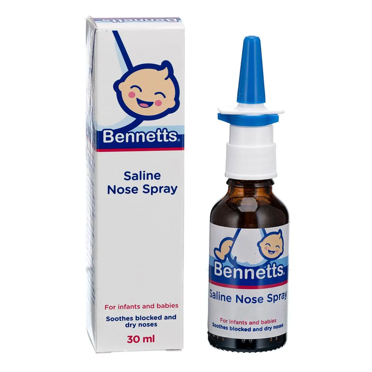 Bennetts Saline Nose Spray 30 ml box and bottle side by side