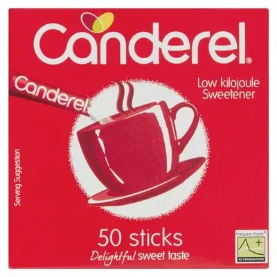 Front of Canderel Low Kilojoule Sweetener 50 Sticks box