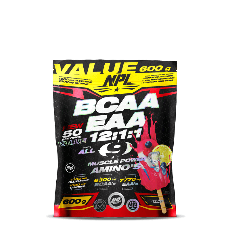 Front of NPL BCAA EAA 12:1:1 Ice Pop flavour 600 g pouch