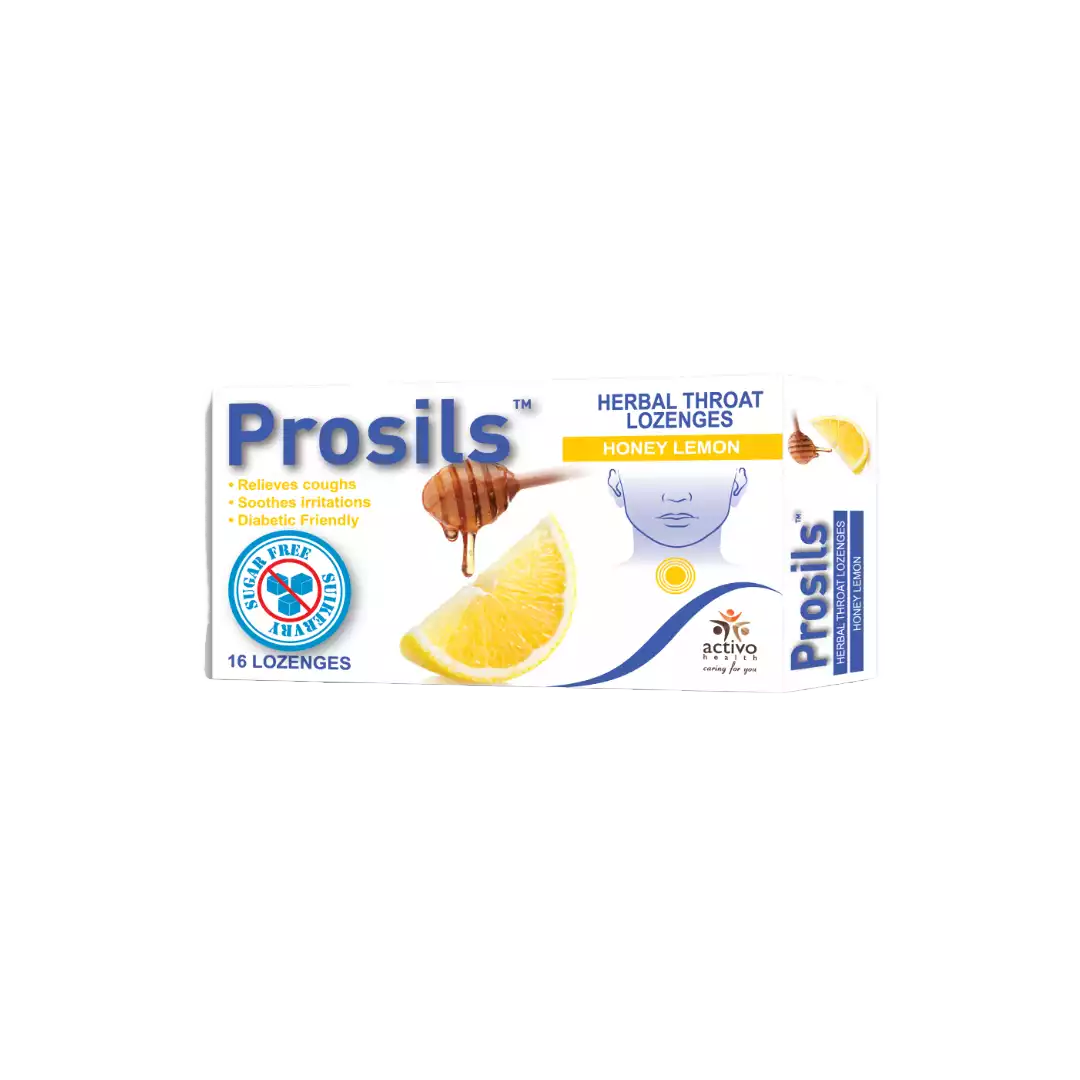 Angled view of Activo Health Prosils Honey Lemon Herbal Throat Lozenges box, 16 lozenges