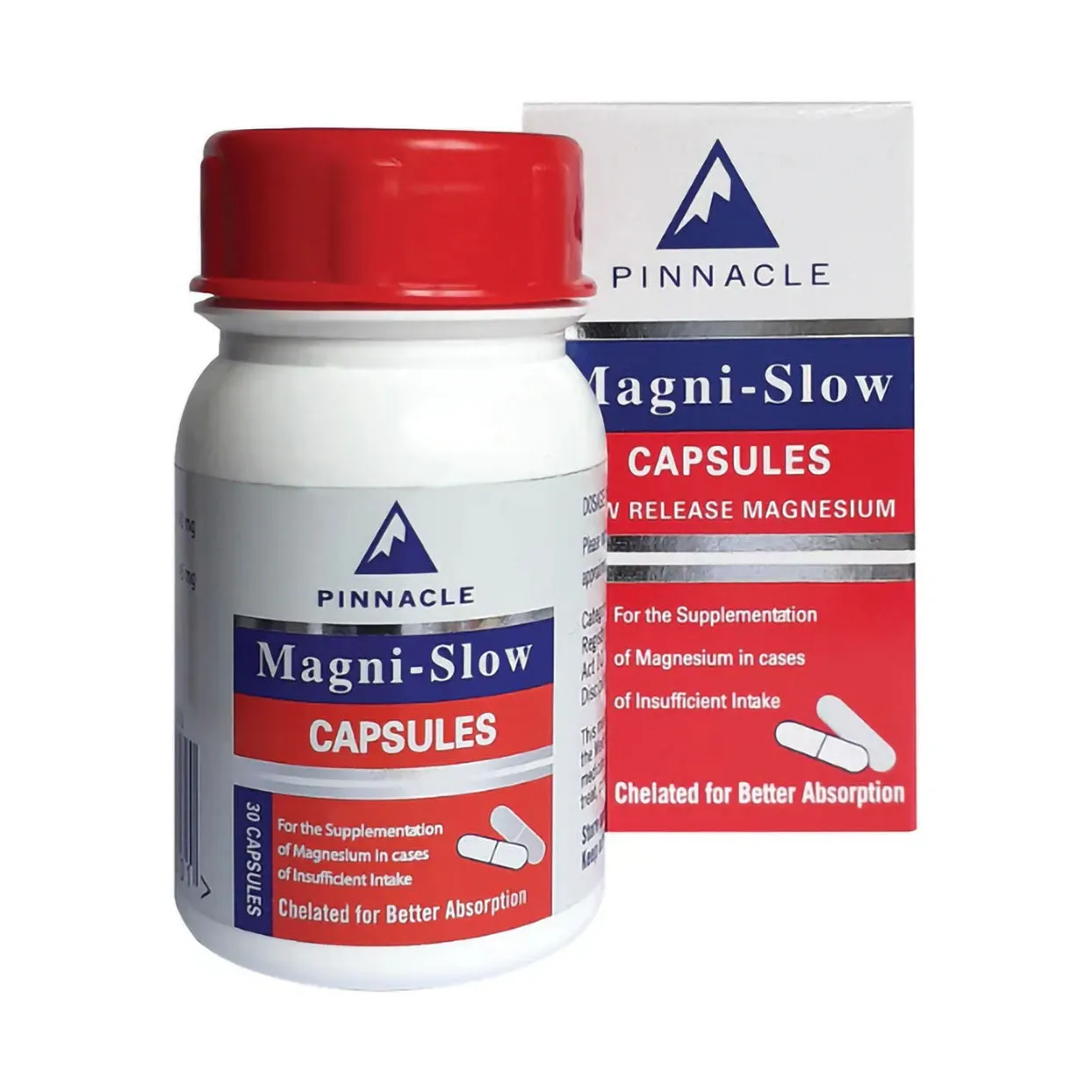 Front of Pinnacle Magni-Slow Chelated Capsules 30's bottle and box