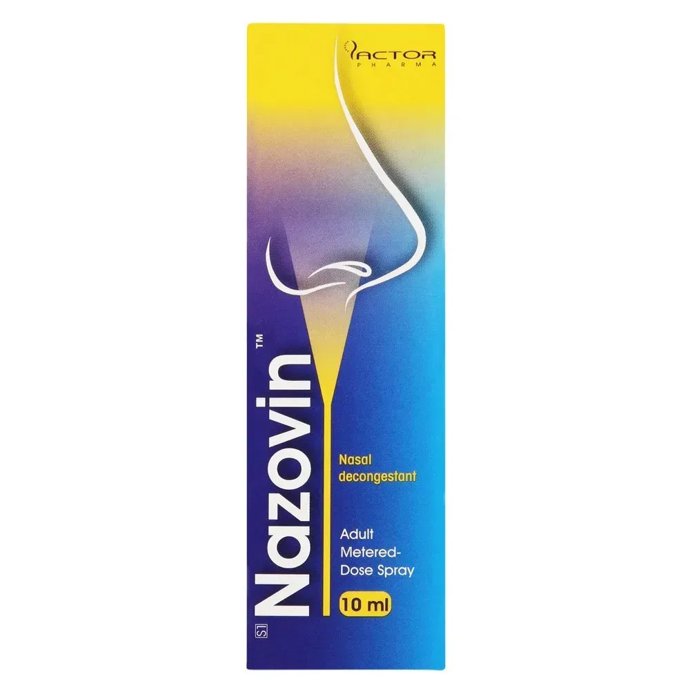 Front of Nazovin Adult Metered-Dose Nasal Spray 1mg/ml 10ml box
