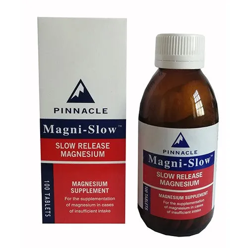 Front of Pinnacle Magni-Slow Slow Release Magnesium 100 Tablets box and bottle