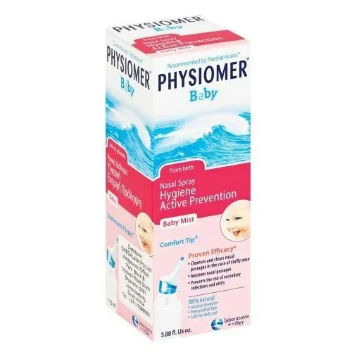 Front angled view of Physiomer Baby Mist Nasal Spray 115ml box