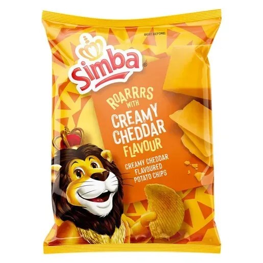 Front of Simba Creamy Cheddar Flavour potato chips 36 g packet