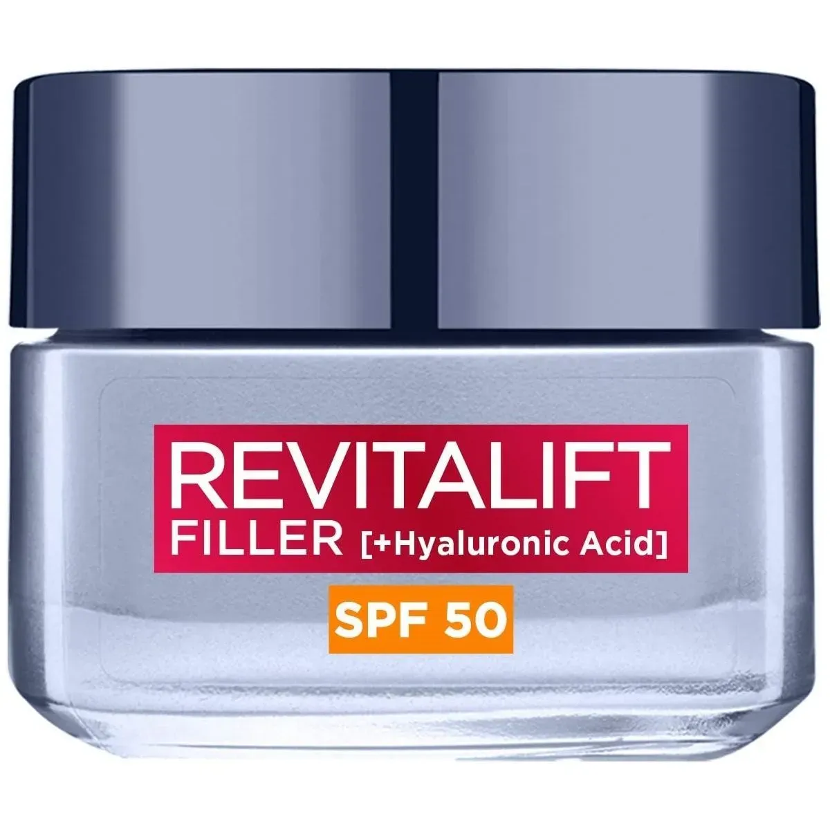 Front of L'Oréal Paris Revitalift Filler Hyaluronic Acid SPF 50 anti-ageing cream jar